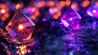 Glowing geometric crystal shapes with orange and purple bokeh lights creating magical atmosphere on dark background. Mystical holiday decoration.