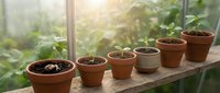 Row of terracotta pots with seedlings on wooden shelf in bright greenhouse. Young plants growing in clay containers for gardening and cultivation.