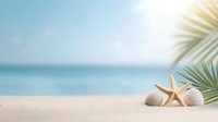 Serene beach scene with starfish and seashells on white sand, turquoise ocean waters and palm leaves creating tropical summer atmosphere. Soft focus background.