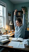 Young Caucasian woman celebrating success while working from home office, stretching arms up in victory gesture at wooden desk with laptop and coffee.