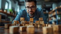 Caucasian bearded man in glasses examining wooden blocks on table, focused expression, modern office environment, selective focus on blocks in foreground.
