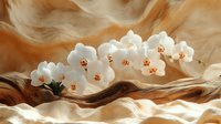 White orchid flowers with golden centers arranged on flowing wooden waves in warm, neutral tones, suitable for home decor, wellness, and spa design projects.