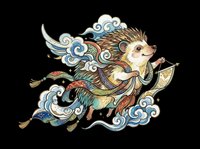 Cute flying hedgehog in ornate Asian style with clouds and banner, isolated on transparent background, great for stickers, t-shirt design, and print on demand.