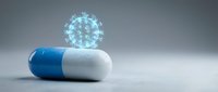 Blue and white capsule pill with glowing virus particle emerging from top, representing antiviral medication, pharmaceutical research, and medical treatment for infectious diseases.