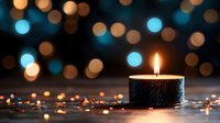 Burning black candle with golden flame against dark background with blue and amber bokeh lights creating magical atmosphere. Small glitter scattered around.