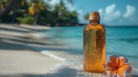 Amber glass bottle with plumeria flower on sandy tropical beach with turquoise ocean water and palm trees in soft focus background. Spa and wellness concept.