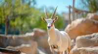 Majestic scimitar-horned oryx standing on rocky terrain in wildlife sanctuary with blurred natural background and soft lighting.