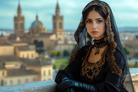Young woman in elegant black lace veil and ornate jewelry poses against historic cathedral backdrop. Traditional fashion portrait with Mediterranean architecture.