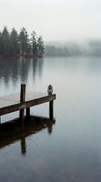 Rustic wooden dock extending into calm misty lake with evergreen forest and vintage lantern, serene nature landscape for travel and outdoor design projects.