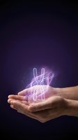Hands holding glowing atomic structure with purple light effects on dark background for science and technology concepts.