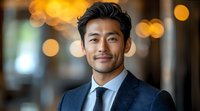 Young Asian businessman in navy suit smiling confidently with warm bokeh lights background. Professional corporate portrait showing success and leadership.