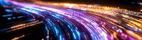 Abstract light trails in motion creating curved lines of blue, purple, and orange neon colors against dark background, representing digital data flow and technology.
