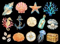 Isolated ocean and sea life collection featuring nautical elements including shells, starfish, coral, seahorse, anchor, compass, jellyfish, message bottle, and treasure chest on transparent background. Ready for t-shirts, clipart, stickers, and print-on-demand designs.