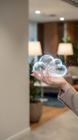 Hand holding glowing digital cloud computing hologram with sparkles in modern office interior for technology and data storage concepts.