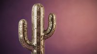 Golden metallic cactus sculpture with intricate dotted pattern against purple pink gradient background for modern home decor and desert themed designs.