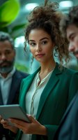 Young African American businesswoman in green blazer and white blouse holding digital tablet, with natural curly hair, standing confidently among colleagues.