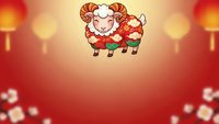 Cute cartoon ram with curly horns wearing red festive outfit on warm gradient background with bokeh lights for Chinese New Year celebrations.