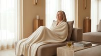 Mature woman wrapped in cream blanket sitting on beige sofa in minimalist living room with natural light, relaxation and comfort concept for home decor and wellness design.