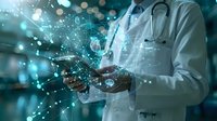 Healthcare professional using digital tablet with futuristic network connections and data visualization technology in modern medical environment.