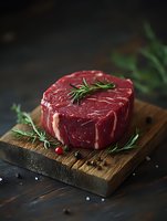 Raw beef steak with fresh rosemary herbs on wooden cutting board. Premium red meat for grilling, cooking and culinary preparation in rustic kitchen setting.