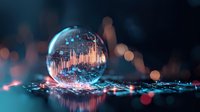 Crystal sphere reflecting urban cityscape with glowing lights and bokeh effects on dark background, creating magical atmosphere and mirror reflection.