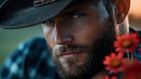 Bearded man in black hat with intense gaze near red flowers, dramatic side lighting creates moody portrait atmosphere. Rugged masculine lifestyle concept.