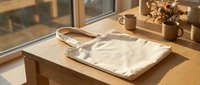 White cotton tote bag on wooden table with warm sunlight streaming through window creating natural shadows for eco-friendly shopping and lifestyle.