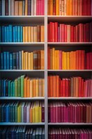 Colorful books arranged by spectrum colors on wooden shelves in library. Rainbow gradient collection from blue through yellow to red creates striking visual pattern.