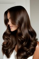 Young woman with luxurious wavy brown hair styled in soft curls showing healthy shine and volume against white wall background, side profile view.