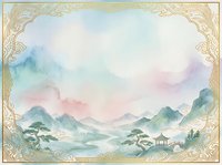 Serene mountain landscape with misty peaks, tranquil water, and traditional pavilion framed by ornate gold border. Soft watercolor palette in pastels. Suitable for wall art, home decor, and design projects.