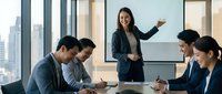 Professional businesswoman presenting to diverse team in modern conference room with city skyline view during corporate meeting.