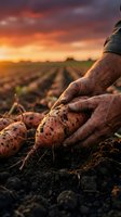 Farmer's weathered hands harvesting fresh sweet potatoes from rich dark soil at dramatic sunset, rural field rows stretching to horizon.