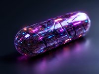 Futuristic medical pill capsule with glowing circuit patterns and purple neon lights against dark background, digital health concept for pharmaceutical technology.