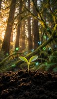 Young green seedling sprouting from rich soil in sunlit forest with floating eco symbols representing growth, sustainability and environmental conservation.
