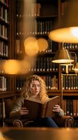 Young blonde woman reading book in cozy library with warm lighting and vintage lamp. Academic study atmosphere with bookshelves background for education concepts.