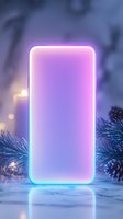 Glowing smartphone mockup with neon pink and blue lighting effects against winter holiday decorations and pine cones on reflective surface. Atmospheric background.