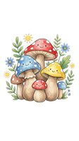 Cute cartoon mushroom family with smiling faces surrounded by flowers and leaves on white background for children designs and nursery decor.