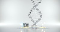 DNA double helix structure with laboratory equipment and pills on white background, suitable for medical, pharmaceutical, genetic research, and healthcare educational materials.