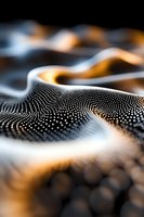 Abstract flowing wave made of white dots on dark background with warm bokeh lights creating dynamic digital particle motion for modern tech designs.