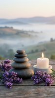 Zen spa composition with stacked stones, burning candle and lavender flowers on wooden surface against misty mountain landscape at dawn for wellness.