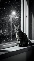Tabby cat sitting on windowsill watching heavy rain fall outside at night, lit by street lamp, black and white moody scene for pet, weather, and contemplative themes.