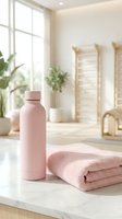 Pink insulated water bottle and folded towel on marble counter in bright spa bathroom with natural light, plants, and wooden accessories for wellness and lifestyle use.