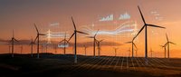 Wind turbines and solar panels at sunset with digital data overlays showing renewable energy statistics and growth charts for sustainable power generation.