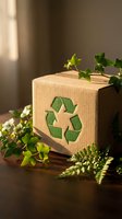 Eco-friendly cardboard shipping box with green recycling symbol surrounded by natural plants in warm sunlight for sustainable packaging and delivery.