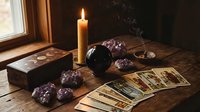 Mystical fortune telling setup with tarot cards, crystal ball, amethyst stones and burning candle on wooden table creating atmospheric divination scene for spiritual guidance.