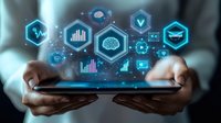 Young professional holding tablet with glowing hexagonal AI and data analytics icons floating above screen in futuristic digital interface.