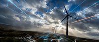 Wind turbines generating renewable energy across vast landscape with dramatic cloudy sky and light rays, suitable for clean energy, sustainability, and environmental technology projects.