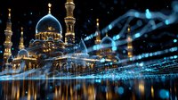 Illuminated mosque with golden domes and minarets reflecting in water at night, with glowing blue digital wave pattern overlay creating modern spiritual atmosphere.