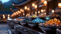 Colorful spices and seasonings displayed in traditional metal bowls at evening market with warm bokeh lights creating atmospheric culinary scene for cooking.