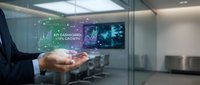 Business professional displaying holographic KPI dashboard interface with growth analytics in modern conference room for digital transformation presentations.